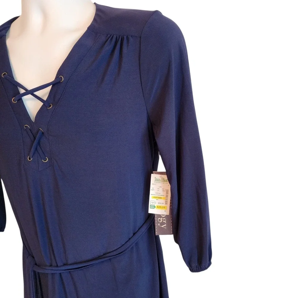 Luxology Navy Blue Lace Up Dress Womens Size 6 NWT Belted Free Ship - Picture 5 of 13